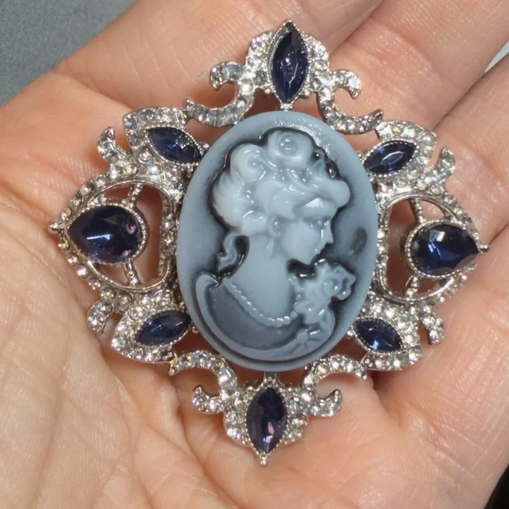 Cameo Brooch Blue Rhinestone Silver Tone Vintage Style Statement Pin 2”